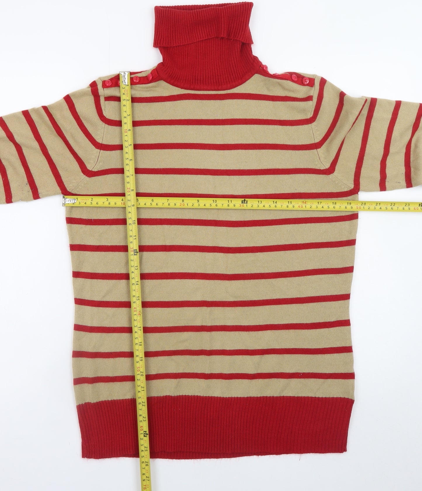 Mozaic Women Beige Red Striped Roll Neck Jumper Size L
