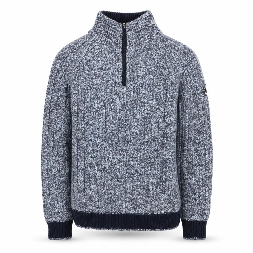 Front view of Cape Horn Men's Blue XL Cable-Knit Half Zip Wool Angora Jumper