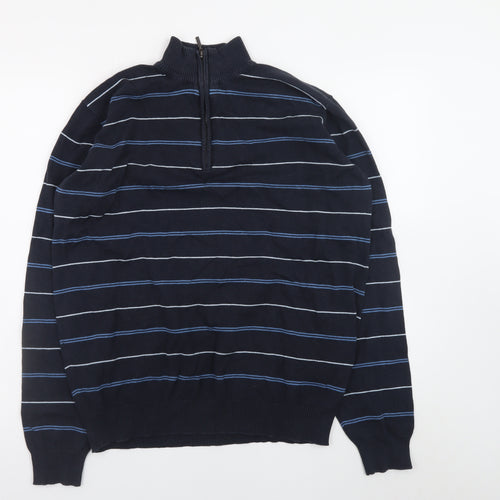James Pringle Men's Blue Striped 1/2 Zip Mock Neck Cotton Sweatshirt M