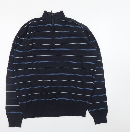 James Pringle Men's Blue Striped 1/2 Zip Mock Neck Cotton Sweatshirt M