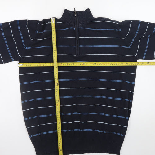 James Pringle Men's Blue Striped 1/2 Zip Mock Neck Cotton Sweatshirt M