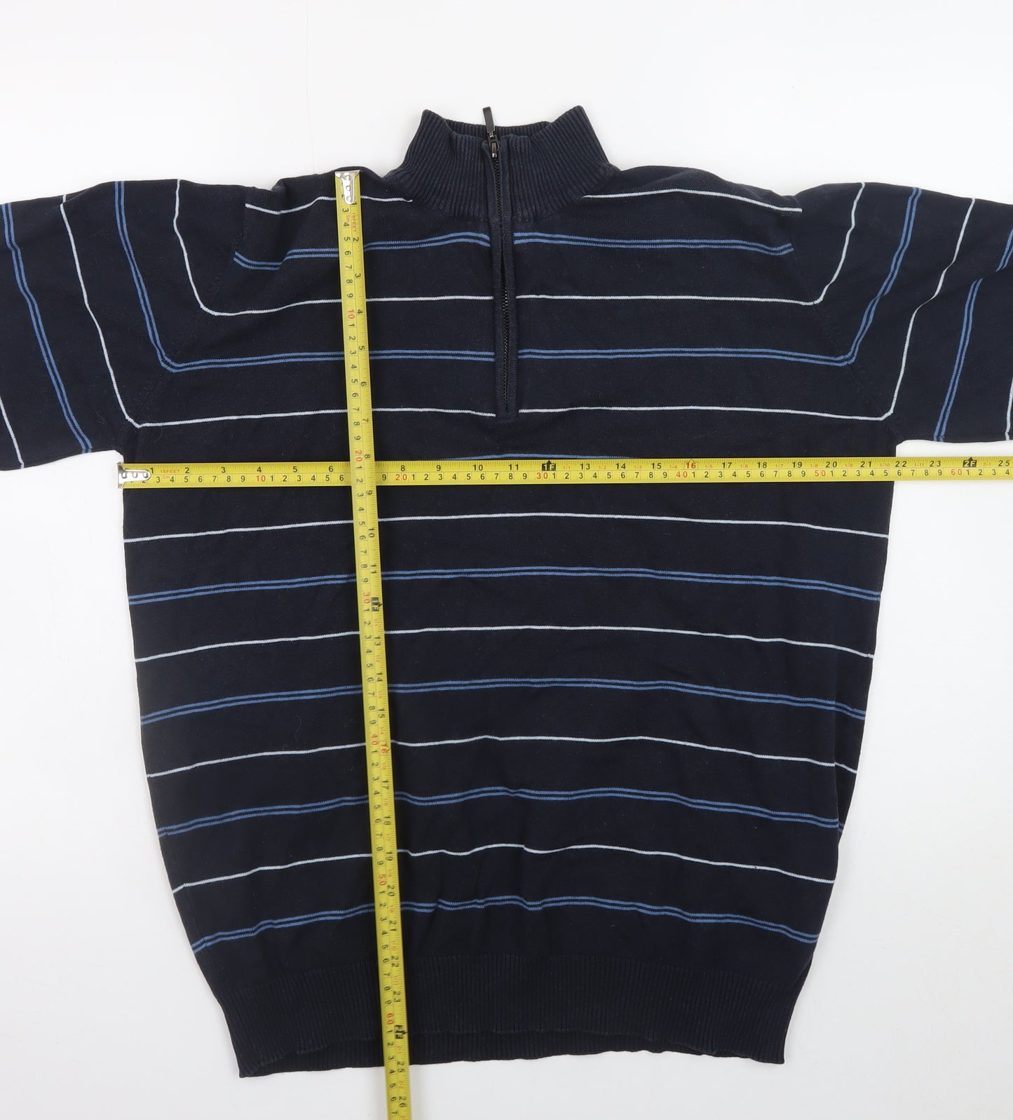 James Pringle Men's Blue Striped 1/2 Zip Mock Neck Cotton Sweatshirt M