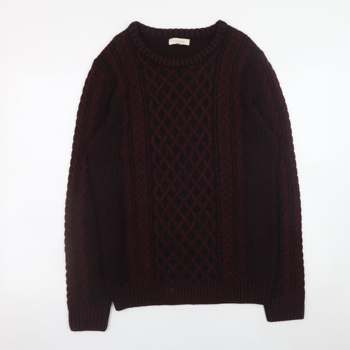 River Island Men's Burgundy Cable-Knit Crew Neck Jumper Size M