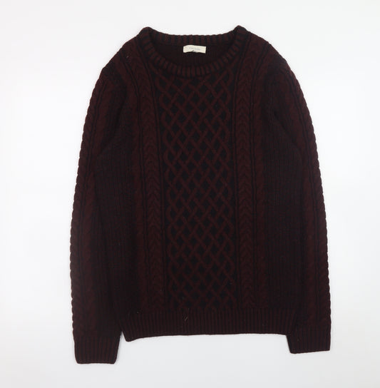 River Island Men's Burgundy Cable-Knit Crew Neck Jumper Size M