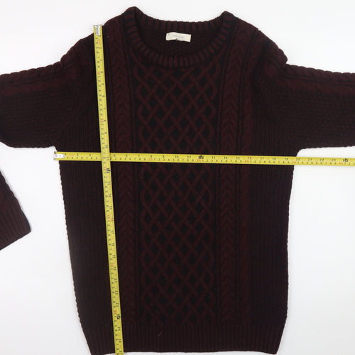 River Island Men's Burgundy Cable-Knit Crew Neck Jumper Size M