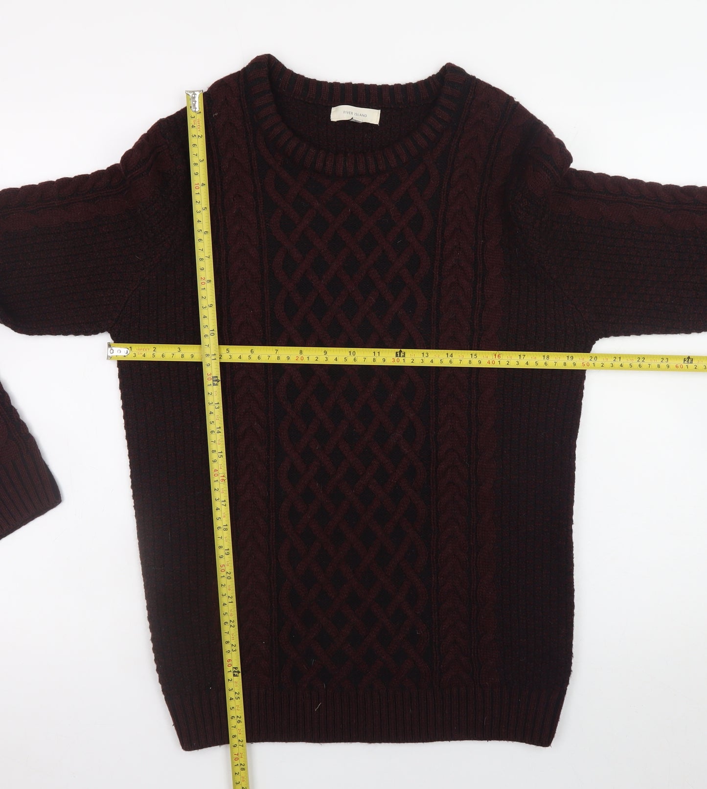 River Island Men's Burgundy Cable-Knit Crew Neck Jumper Size M