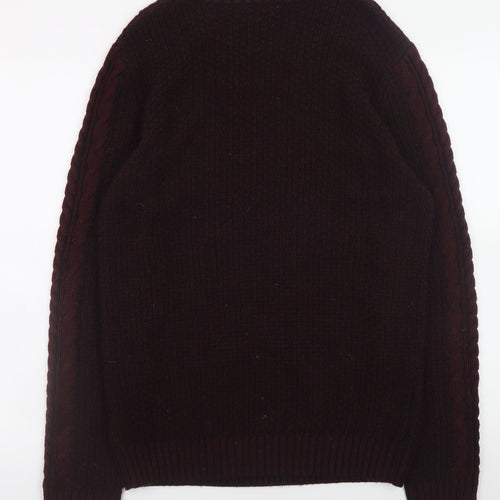 River Island Men's Burgundy Cable-Knit Crew Neck Jumper Size M