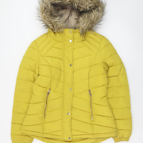 F&F Women’s Yellow Faux Fur Hooded Puffer Jacket Size 10
