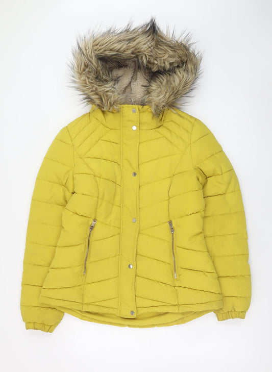 F&F Women’s Yellow Faux Fur Hooded Puffer Jacket Size 10