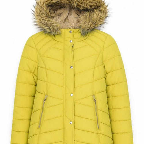 F&F Women’s Yellow Faux Fur Hooded Puffer Jacket Size 10