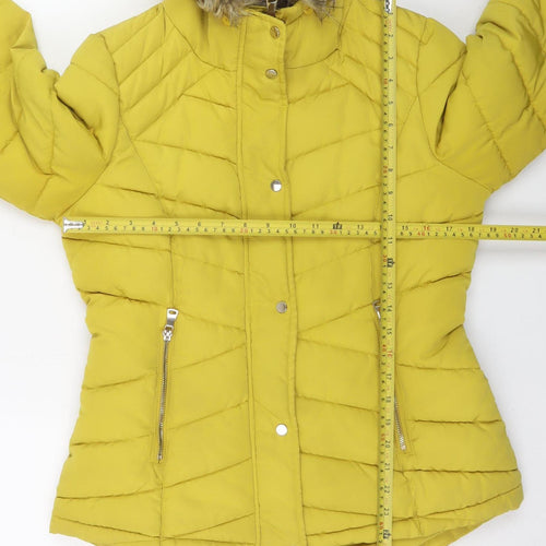 F&F Women’s Yellow Faux Fur Hooded Puffer Jacket Size 10