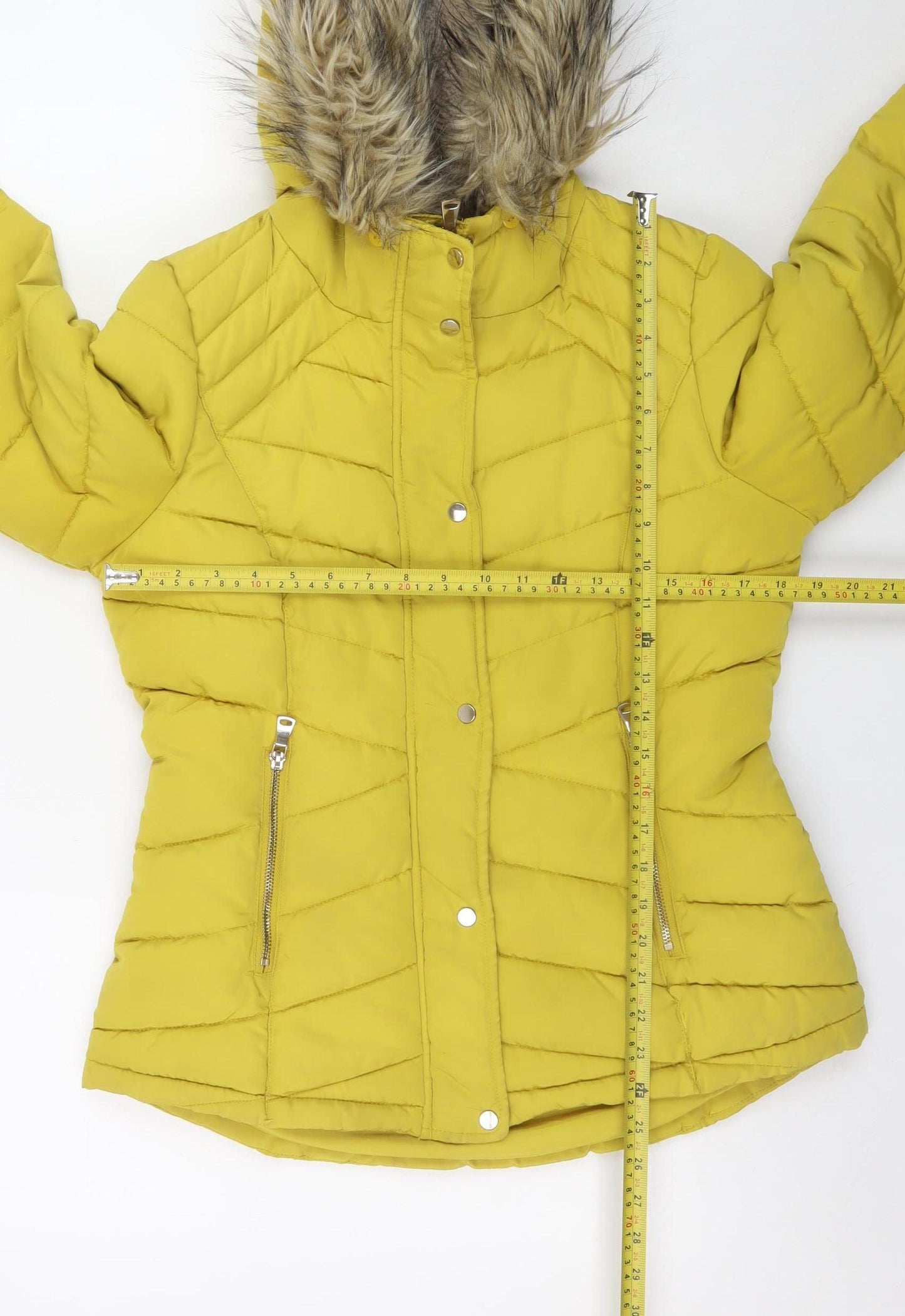F&F Women’s Yellow Faux Fur Hooded Puffer Jacket Size 10