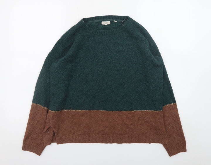 Fat Face Women Green Brown Wool Blend Jumper UK 12 Crew Neck Long Sleeve