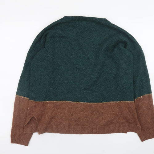 Fat Face Women Green Brown Wool Blend Jumper UK 12 Crew Neck Long Sleeve