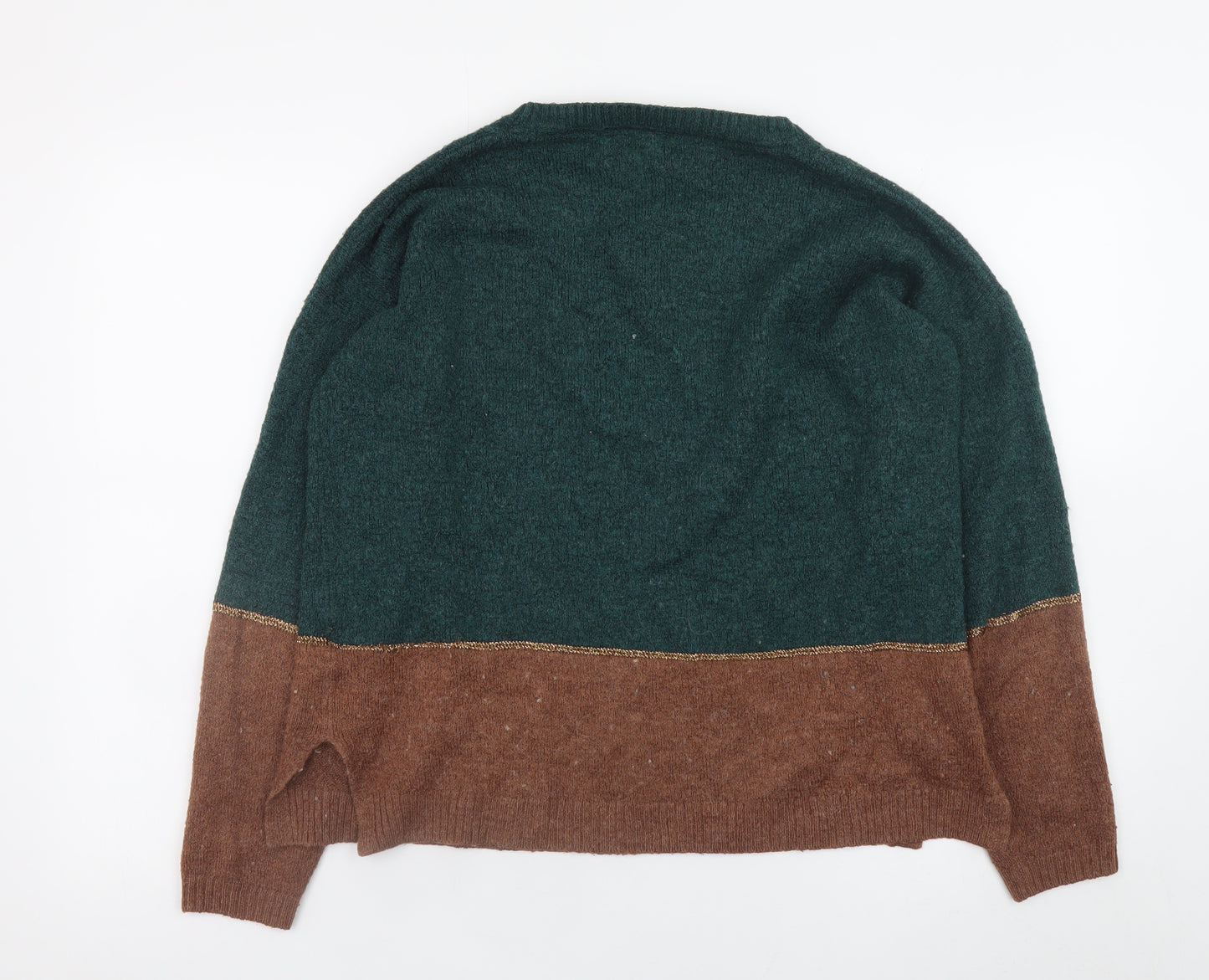 Fat Face Women Green Brown Wool Blend Jumper UK 12 Crew Neck Long Sleeve