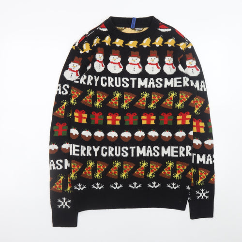 H&M Divided Men’s Black XS Christmas Pullover Jumper Funny Pizza Snowman