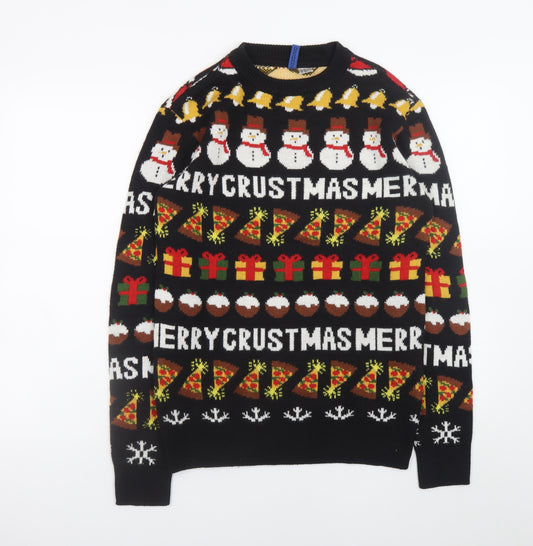H&M Divided Men’s Black XS Christmas Pullover Jumper Funny Pizza Snowman