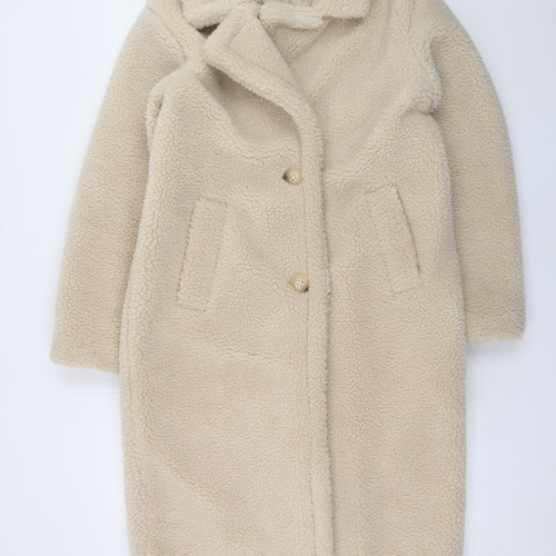 Primark Women Beige Fleece Long Overcoat XS Polyester