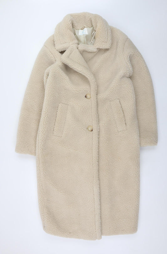 Primark Women Beige Fleece Long Overcoat XS Polyester