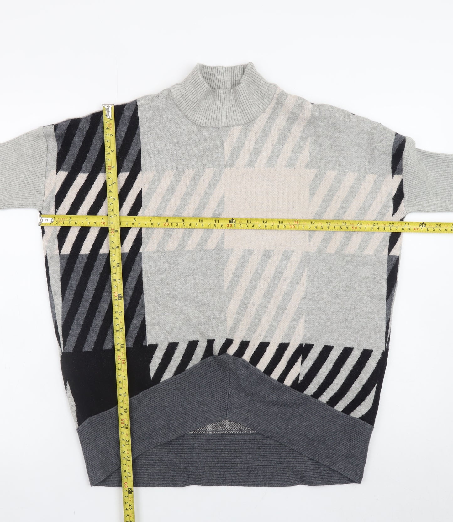 River Island Womens Grey Geometric High Neck Relaxed Knit Jumper XS