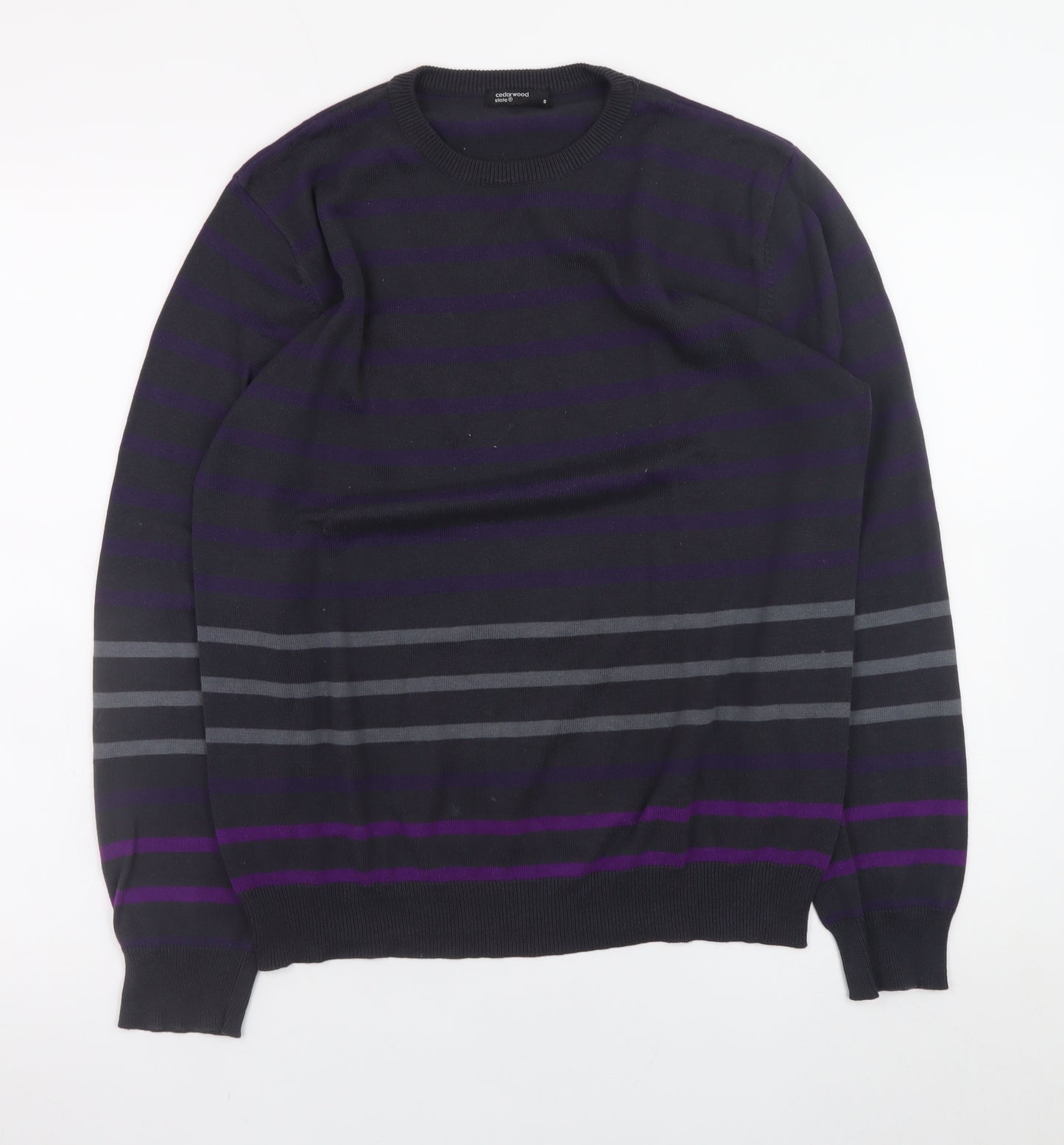 Cedarwood State Women Black Striped Cotton Crew Neck Jumper Size S
