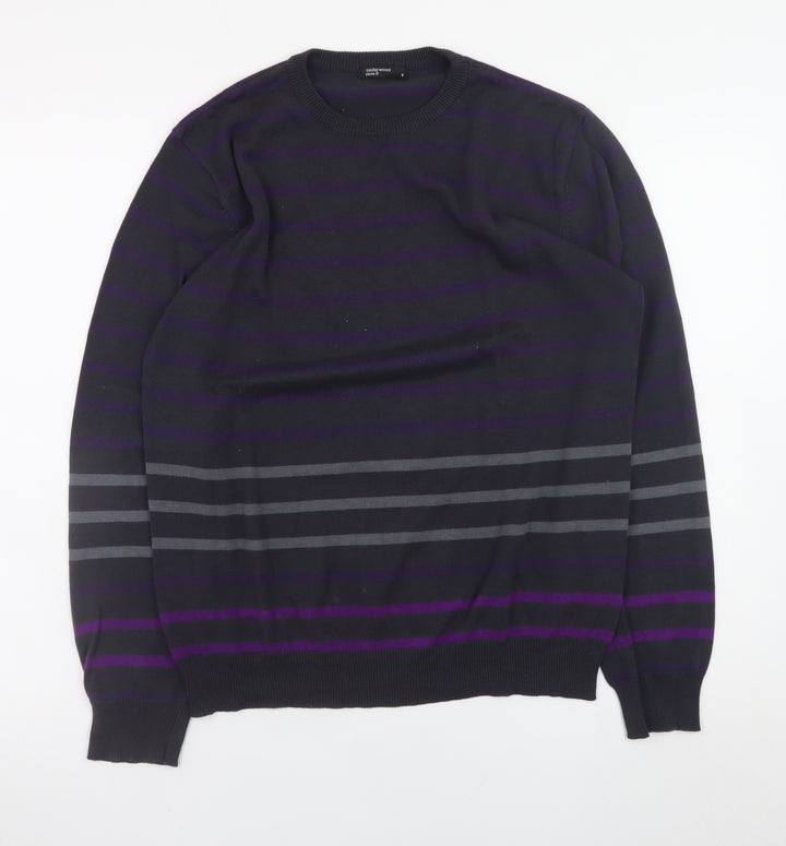 Cedarwood State Women Black Striped Cotton Crew Neck Jumper Size S