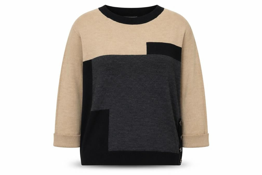 Front view of Marks & Spencer Women Beige Black Geometric jumper UK 12