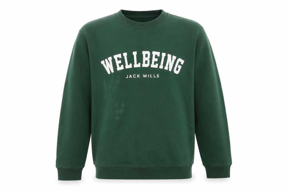 Front view of Jack Wills men’s green wellbeing logo pullover sweatshirt, size L