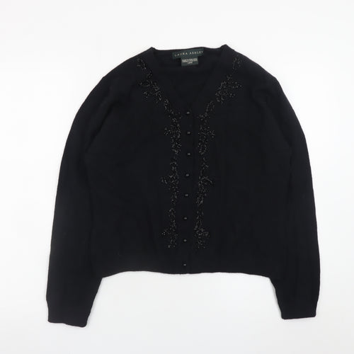 Laura Ashley Women's Black Wool Beaded V-Neck Cardigan Size L