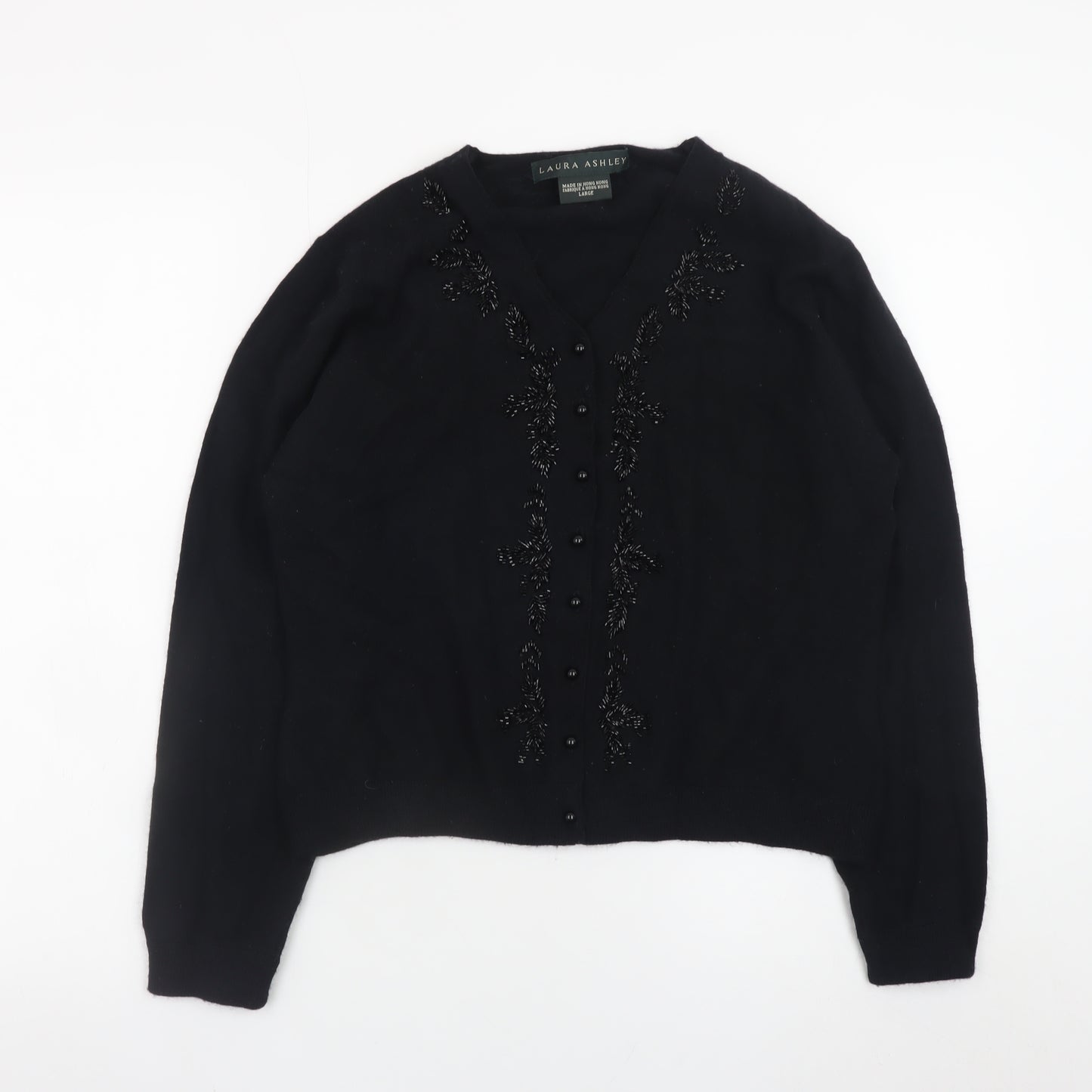 Laura Ashley Women's Black Wool Beaded V-Neck Cardigan Size L