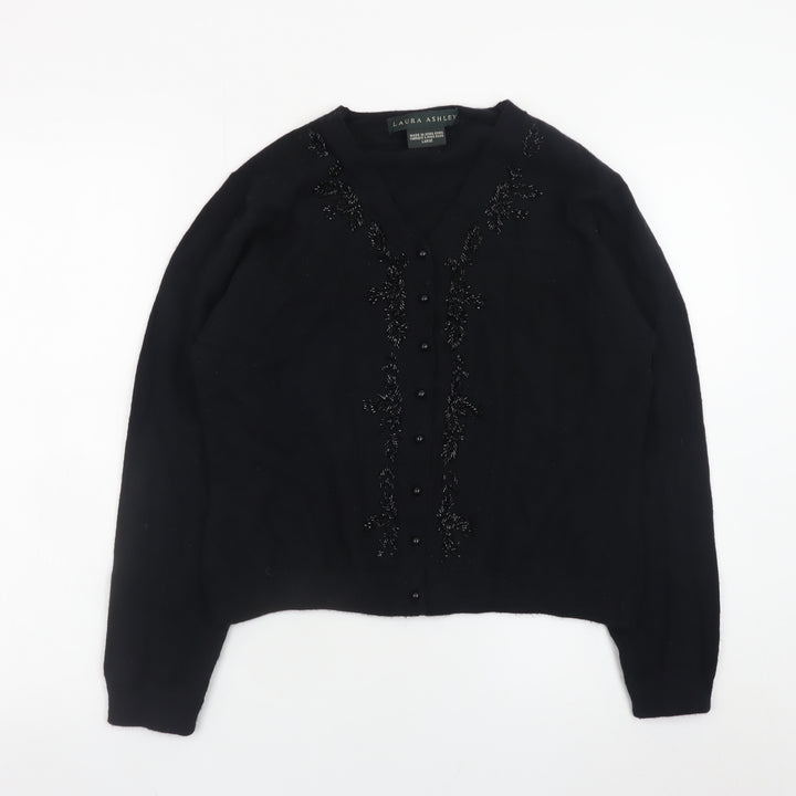Laura Ashley Women's Black Wool Beaded V-Neck Cardigan Size L
