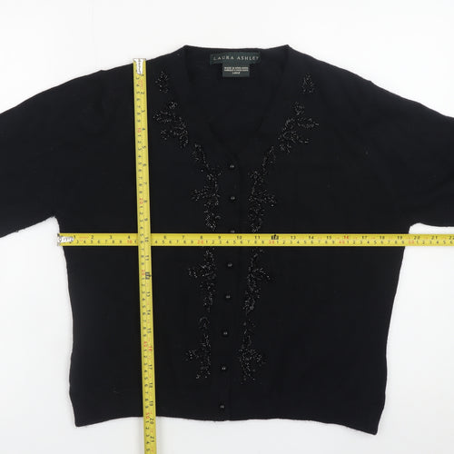 Laura Ashley Women's Black Wool Beaded V-Neck Cardigan Size L