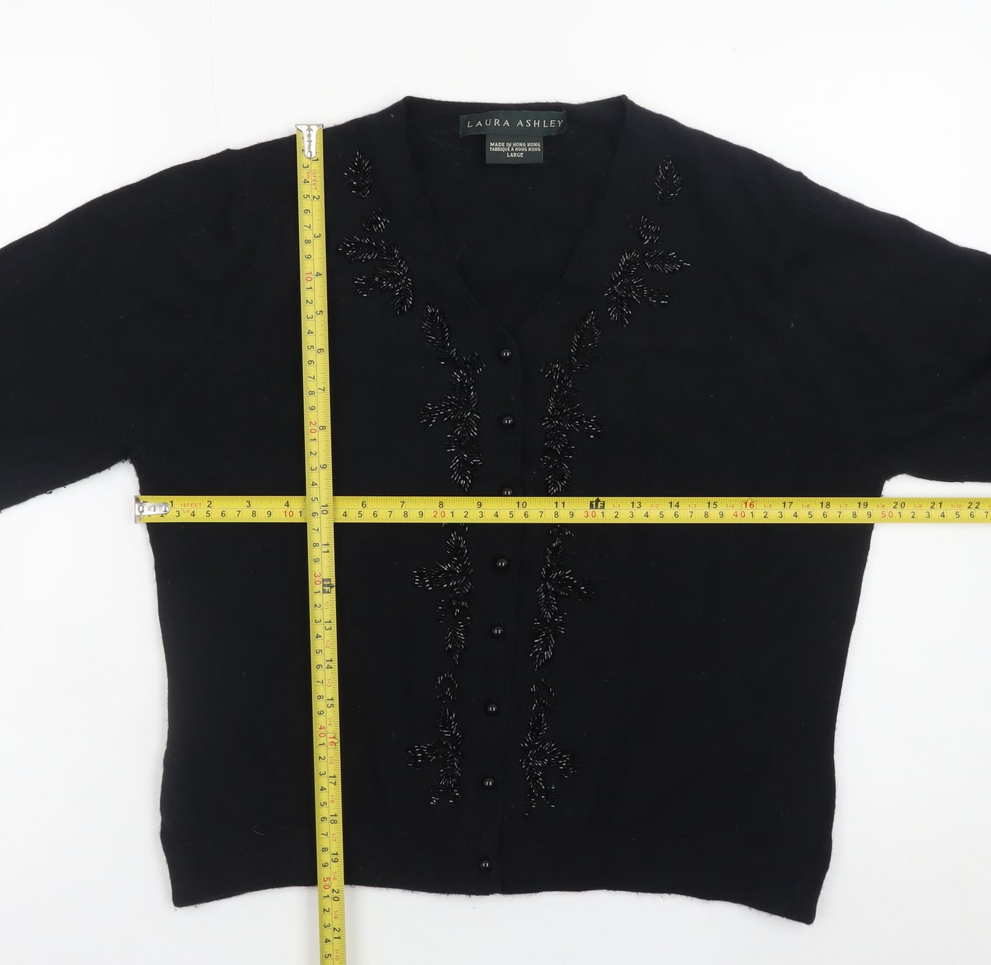Laura Ashley Women's Black Wool Beaded V-Neck Cardigan Size L