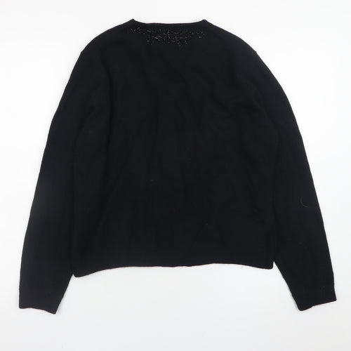 Laura Ashley Women's Black Wool Beaded V-Neck Cardigan Size L