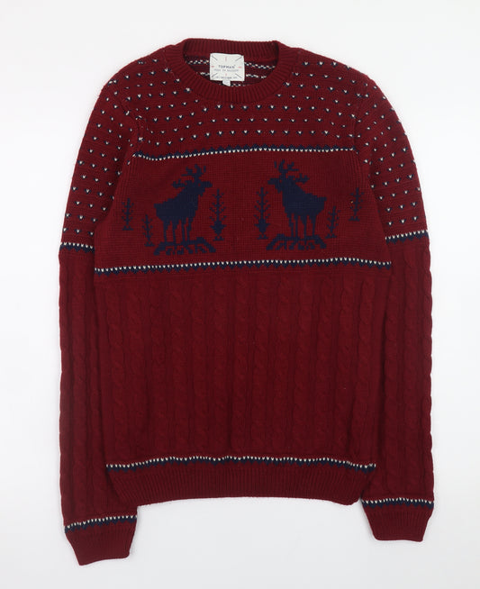 Topman Men's Red Cable-Knit Christmas Jumper Size S