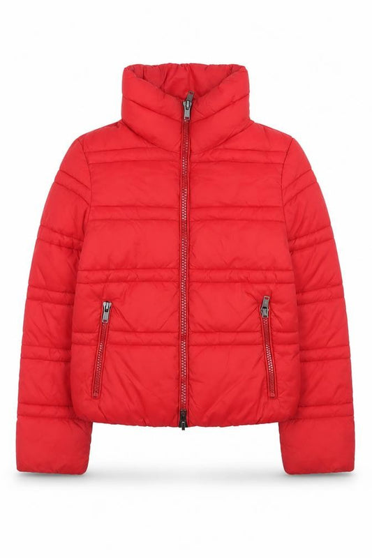 Front view of SH Collection Women's Red Puffer Jacket, size S, Quilted Zip Winter Coat