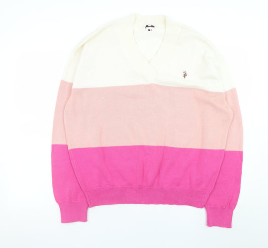 U.S. Polo Assn. Men’s Silver Pink 2XL V-Neck Striped Pullover Jumper