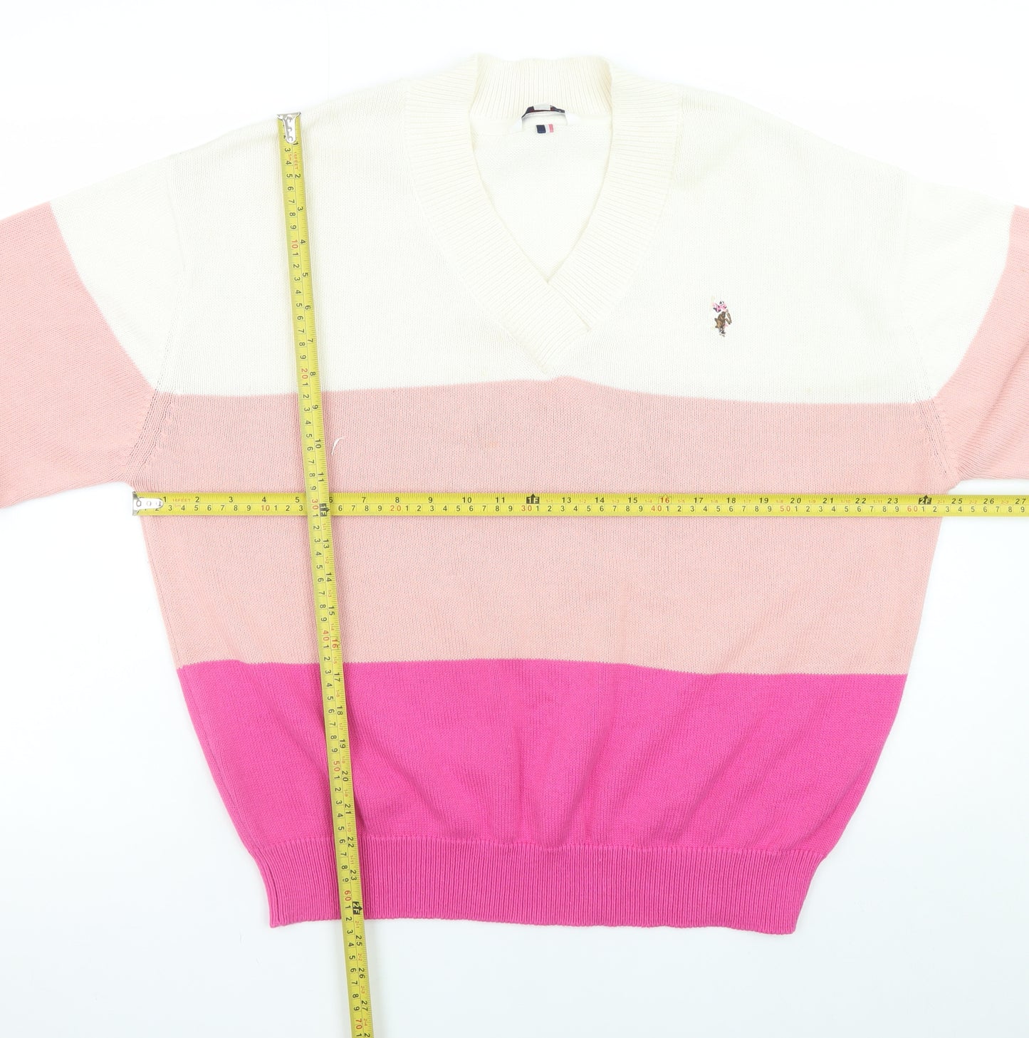 U.S. Polo Assn. Men’s Silver Pink 2XL V-Neck Striped Pullover Jumper