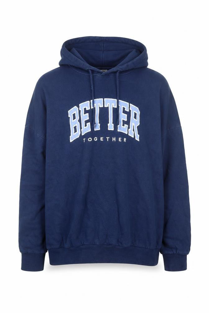 Front view of Mango Men's Blue Pullover Hoodie L Graphic Logo Fleece Sweatshirt