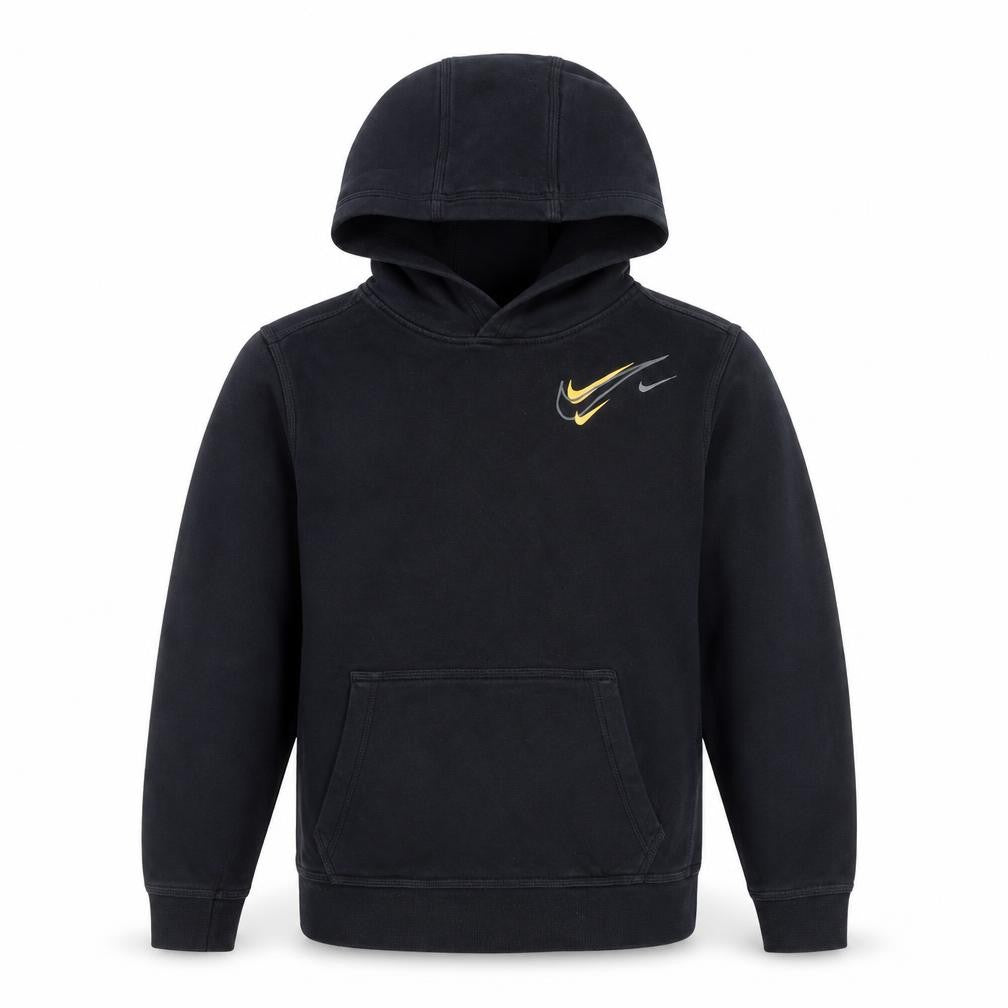 Front view of Nike boys’ black xl pullover fleece hoodie with yellow logo