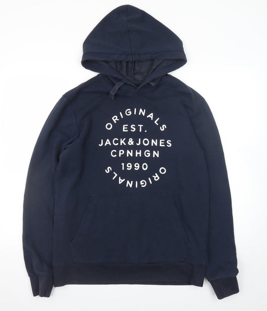 Jack & Jones Men’s Blue Pullover Hoodie L Logo Fleece Sweatshirt