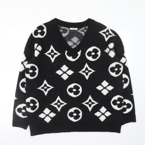 Enzoria Women’s Black V-Neck Geometric Knit Jumper One Size