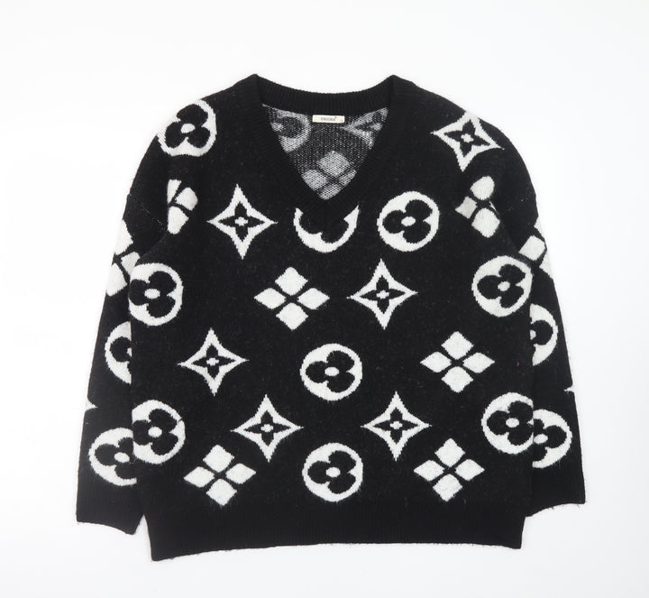 Enzoria Women’s Black V-Neck Geometric Knit Jumper One Size