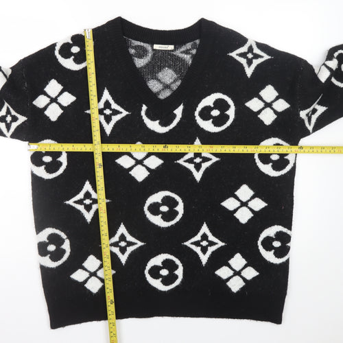 Enzoria Women’s Black V-Neck Geometric Knit Jumper One Size