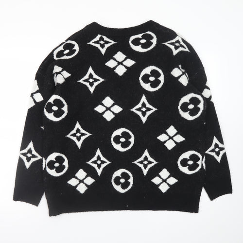 Enzoria Women’s Black V-Neck Geometric Knit Jumper One Size