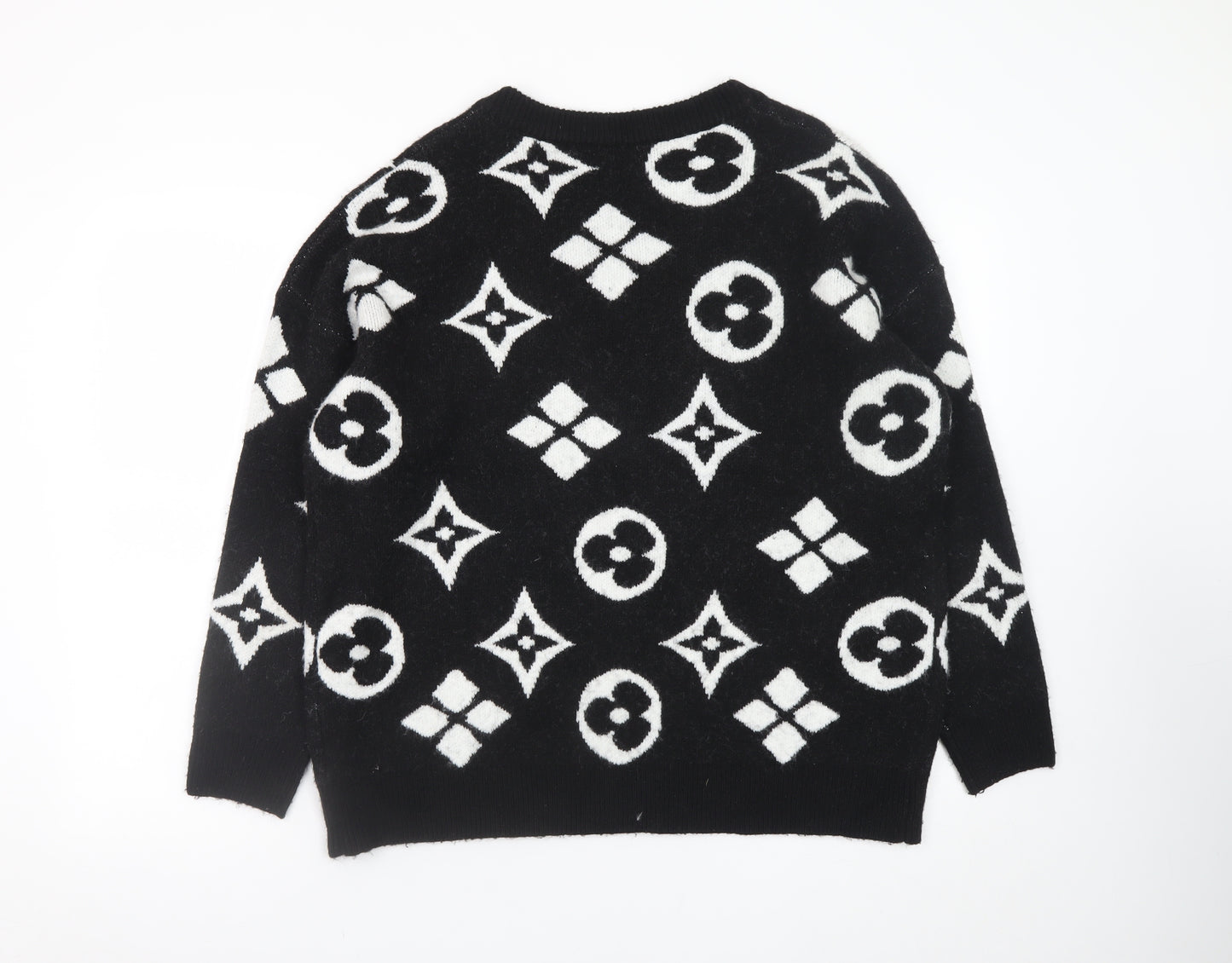Enzoria Women’s Black V-Neck Geometric Knit Jumper One Size
