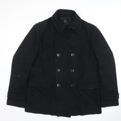 H&M Men’s Black Wool Blend Pea Coat L Lined Mid-Length Winter Jacket