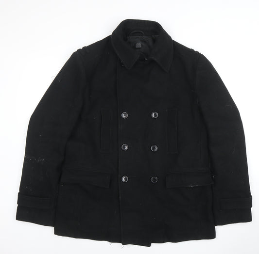 H&M Men’s Black Wool Blend Pea Coat L Lined Mid-Length Winter Jacket