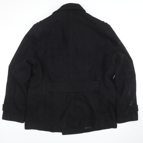 H&M Men’s Black Wool Blend Pea Coat L Lined Mid-Length Winter Jacket