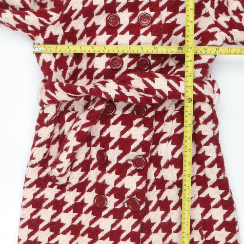 Kookaï Women’s Red Houndstooth Wool Blend Belted Coat Size 8
